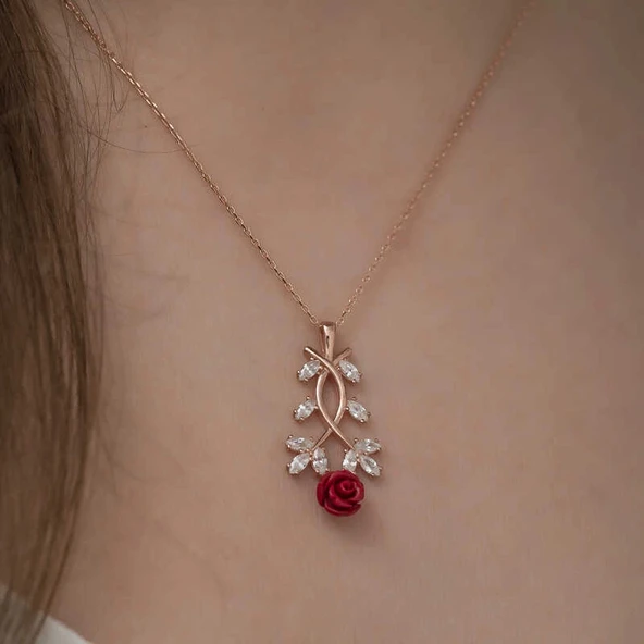 ​925 Ayar Gümüş Rose Kırmızı Gül Gümüş Kolye - Resim 3