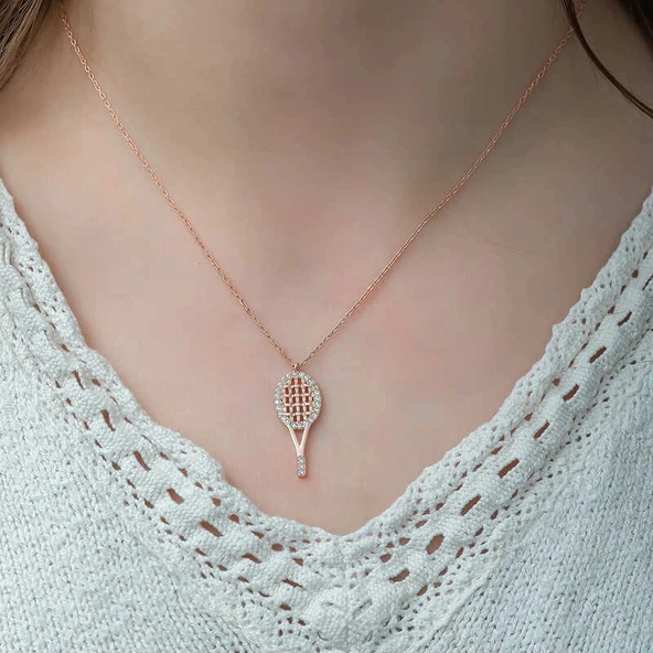 925 Ayar Gümüş Tenis Raketi Kadın Gümüş Kolye - Resim 2