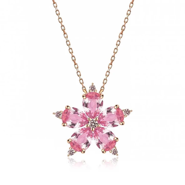 925 Ayar Gümüş Rose Pembe Kamelya Çiçeği Kolye - Resim 2