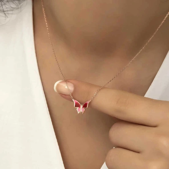 925 Ayar Gümüş Rose Minimal Kelebek Kadın Gümüş Kolye - Resim 5