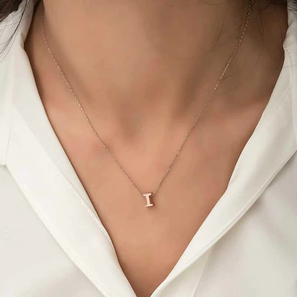 925 Ayar Gümüş Rose 3 Boyutlu I Harf Kadın Gümüş Kolye ürün görseli 1