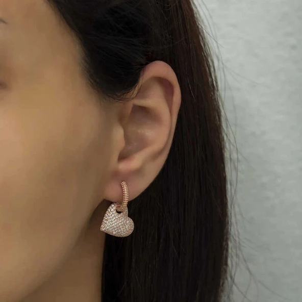 Gümüş Rose Halka Kalp Küpe - Resim 3