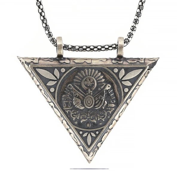925 Ayar Gümüş Üçgen İçi Açılabilen Osmanlı Arma Muskalık Gümüş Kolye ürün görseli 1