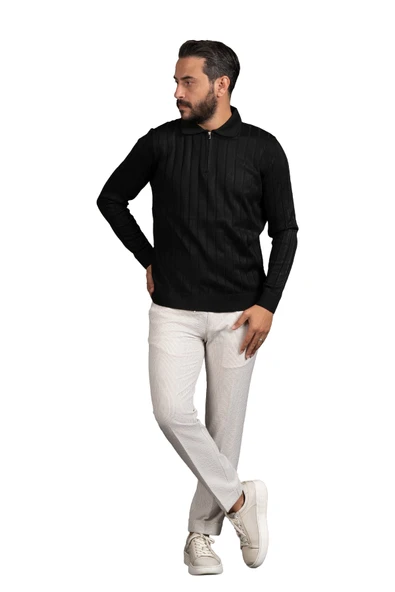 Fermuarlı Polo Yaka Polyamid Kumaş Kendinden Çizgili Likralı Triko Kazak - Resim 7