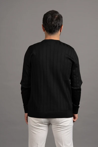 Sıfır Yaka Kendinden Çizgili Likralı Akrilik Mevsimlik Kazak - Resim 9