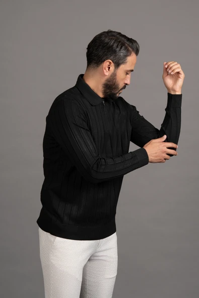 Fermuarlı Polo Yaka Polyamid Kumaş Kendinden Çizgili Likralı Triko Kazak - Resim 12