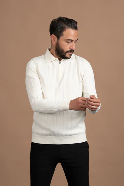 Fermuarlı Polo Yaka Polyamid Kumaş Kendinden Çizgili Likralı Triko Kazak - Resim 2