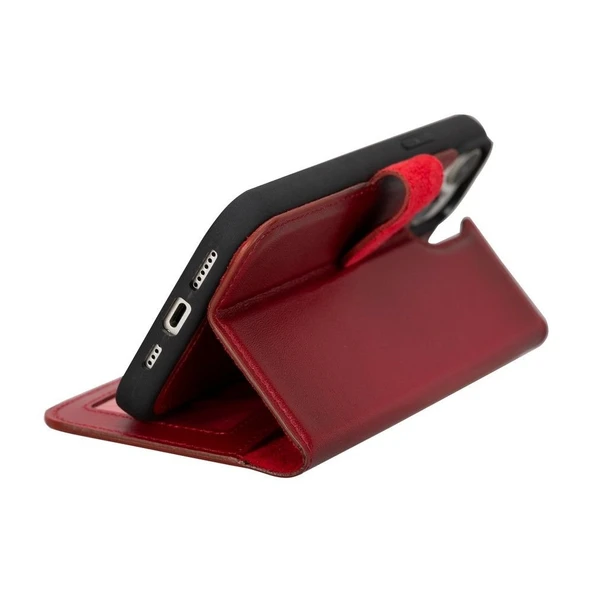 Apple iPhone 15 Plus Uyumlu Deri Cüzdanlı Kılıf MWWN V4EF Kırmızı - Resim 3