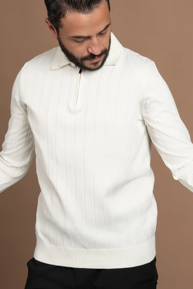 Fermuarlı Polo Yaka Polyamid Kumaş Kendinden Çizgili Likralı Triko Kazak - Resim 3