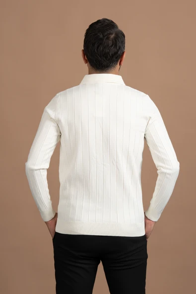 Fermuarlı Polo Yaka Polyamid Kumaş Kendinden Çizgili Likralı Triko Kazak - Resim 4