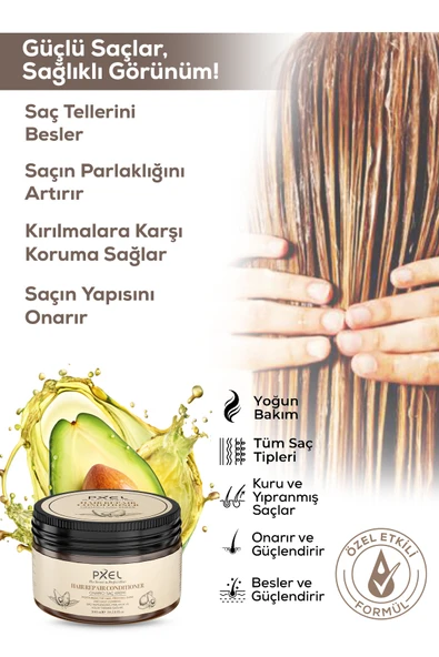 PXEL Onarıcı Saç Kremi 300 ML  Kuru ve Yıpranmış Saçlara Özel Yoğun Bakım  Shea Yağı, Biotin, Kafein ve Bitkisel Protein İçerikli Saç Kırığı Karşıtı - Resim 3