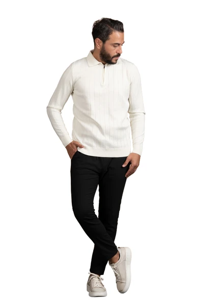 Fermuarlı Polo Yaka Polyamid Kumaş Kendinden Çizgili Likralı Triko Kazak ürün görseli