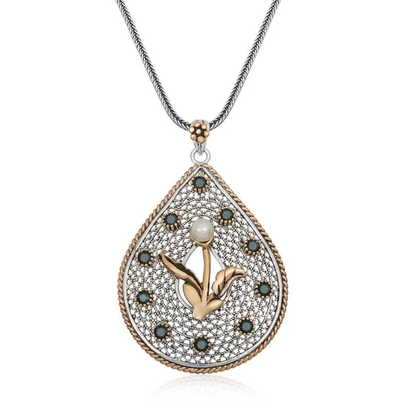 925 Ayar Gümüş İnci Çiçek Otantik Bayan Gümüş Kolye ürün görseli 1