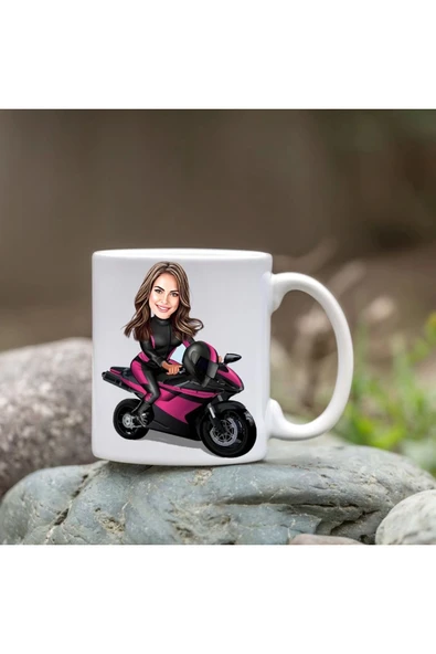 Kişiye Özel Bardak - Karikatür Bardak - Motorlu Kadın Bardağı ürün görseli