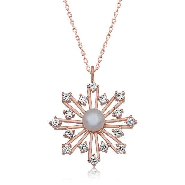 925 Ayar Gümüş Rose İncili Kar Tanesi Kadın Gümüş Kolye ürün görseli 1