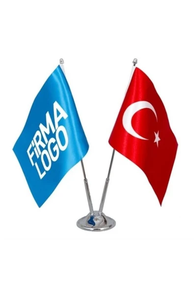 Kişiye Özel Masa Bayrağı - Firmaya Özel Çift Direkli Logolu Masa Üstü Bayrak ürün görseli