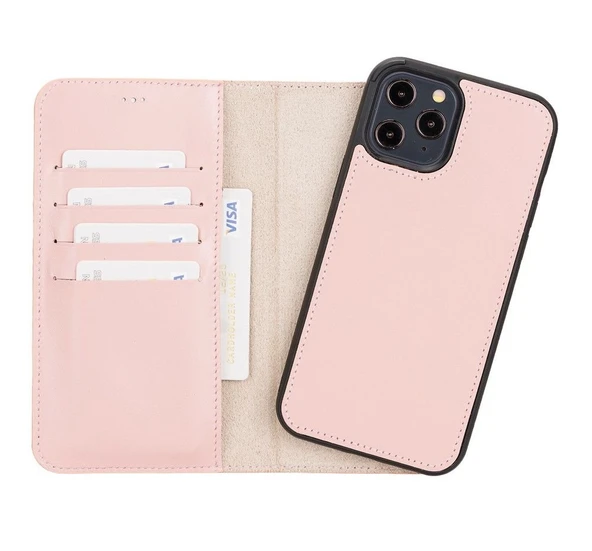 Apple iPhone 12 Pro Max Uyumlu Deri Cüzdanlı Kılıf NU2 Pembe ürün görseli