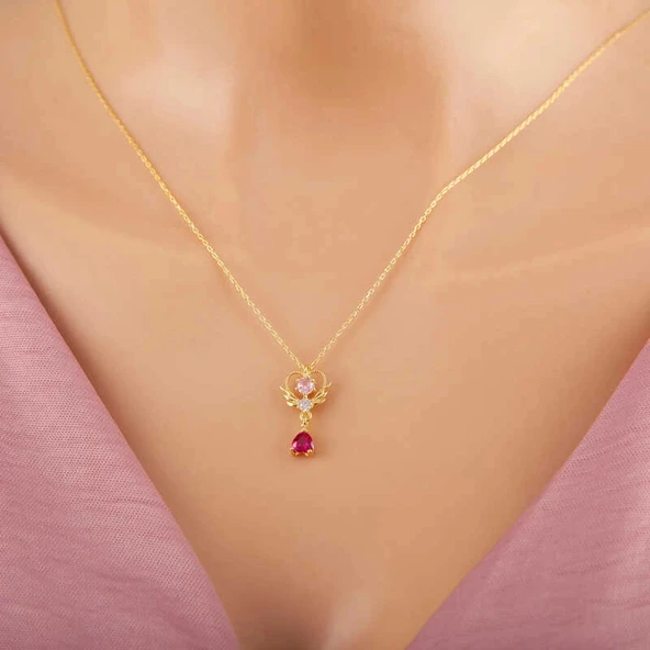 Gümüş Gold Kalpli Tek Taş Kadın Kolye ürün görseli 1