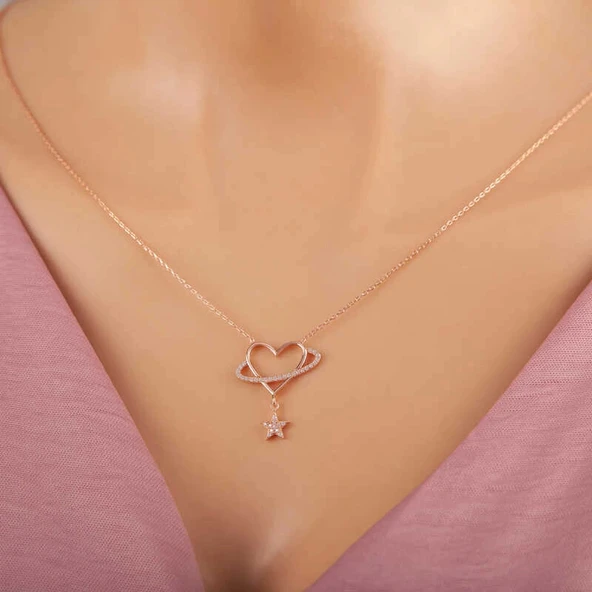 925 Ayar Gümüş Rose Kalp Yıldız Kadın Kolye ürün görseli 1