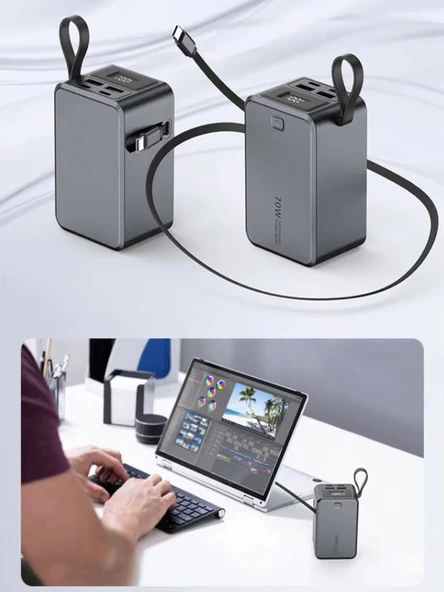 20000mAh 70W Hızlı Şarj Powerbank LCD Ekran 2x USB + 2x Type-C Type-C Kablolu Çıkışlı - Resim 3