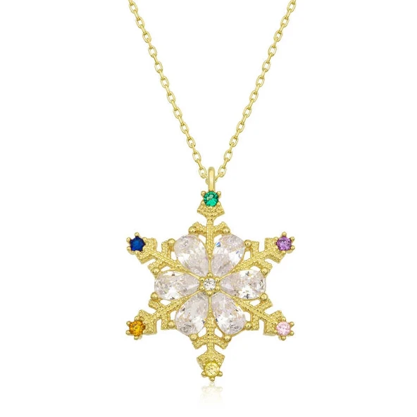 925 Ayar Gümüş Gold Renkli Taşlı Kar Tanesi Kadın Gümüş Kolye ürün görseli 1