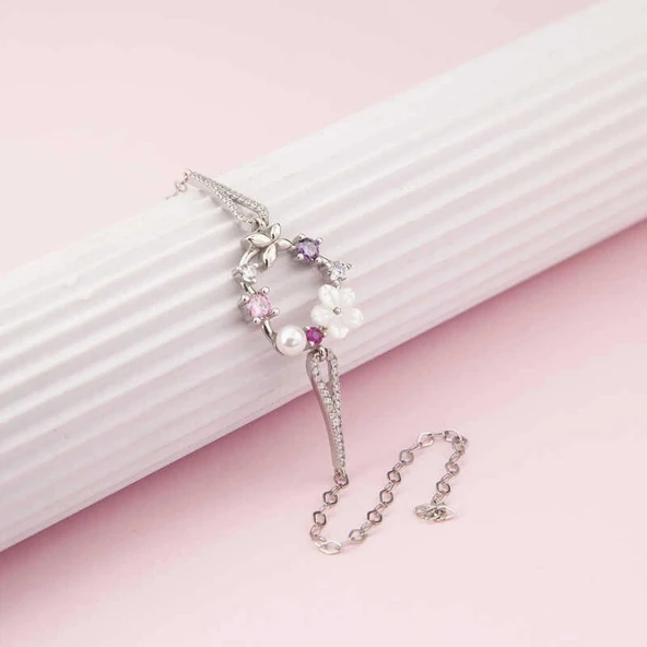 Gümüş Kalp Manolya Çiçeği Kelebek Kadın Bileklik ürün görseli 1