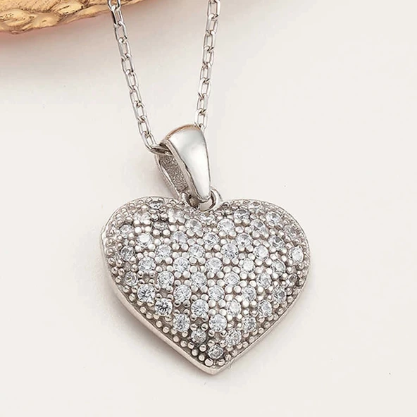 925 Ayar Gümüş Bombeli Kalp Kadın Kolye ürün görseli 1