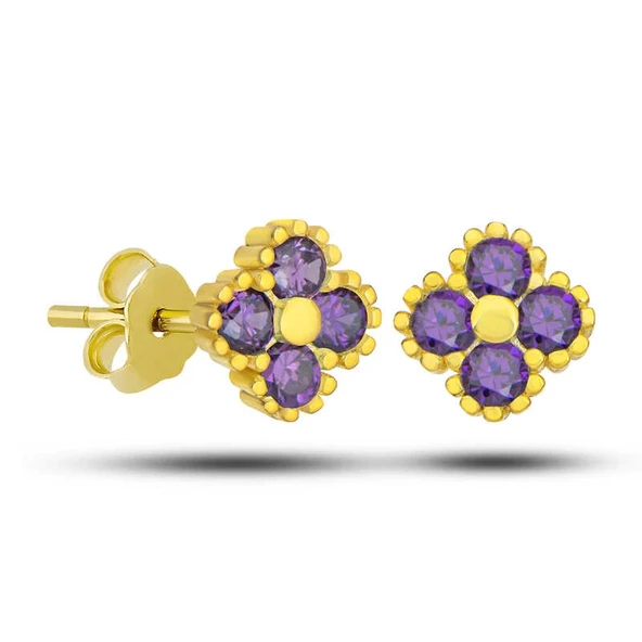 Gümüş Gold Yonca Çivili Mor Taşlı Çocuk Küpe ürün görseli 1