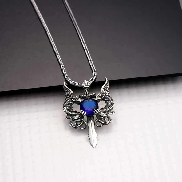 925 Ayar Gümüş Mavi Taşlı Ejderha Erkek Kılıç Kolye - Resim 2