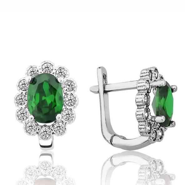 Gümüş Yeşil Çiçek Desenli J Kadın Küpe - Resim 2