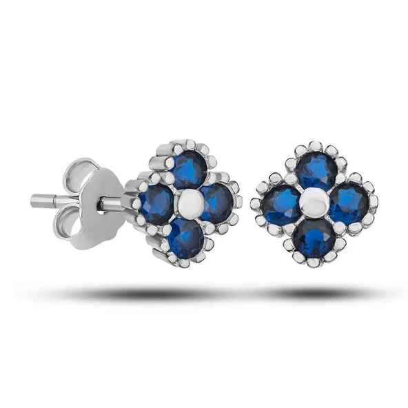 Gümüş Yonca Çivili Mavi Taşlı Çocuk Küpe ürün görseli 1