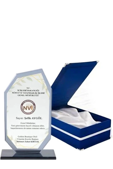 Kadife Kutulu Cam Plaket - Lüks Kutulu Kristal Plaket - Lacivert Kutulu Cam Plaket ürün görseli