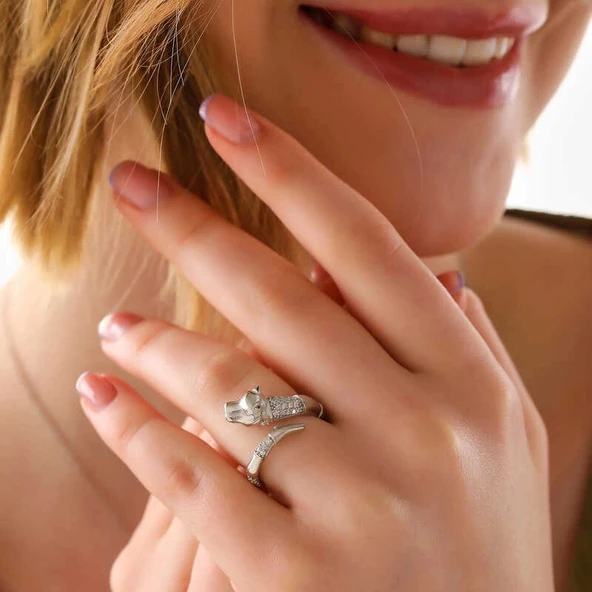 ​925 Ayar Gümüş Ayarlanabilen Kaplan Figürlü Kadın Yüzük - Resim 2