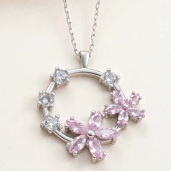 925 Ayar Gümüş Pembe Çiçek Kadın Kolye ürün görseli 1