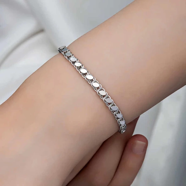 925 Ayar Gümüş Pullu Zincir Kadın Bileklik - Resim 4