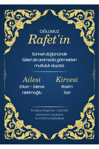 Kişiye Özel Davetiye - Sünnet Davetiye - Sünnet Davetiyesi ( Zarflı ) ( 50 Adet ) ürün görseli