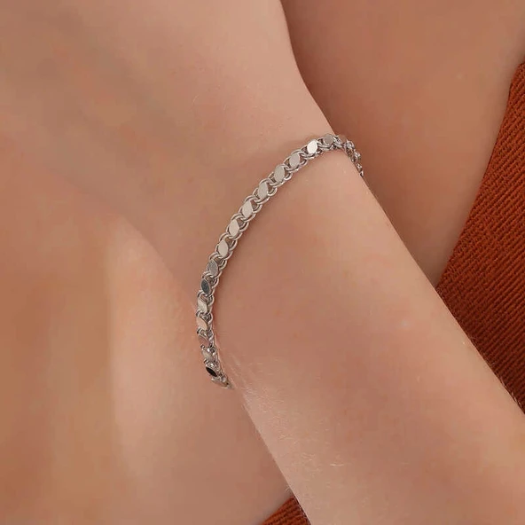 925 Ayar Gümüş Pullu Zincir Kadın Bileklik - Resim 5