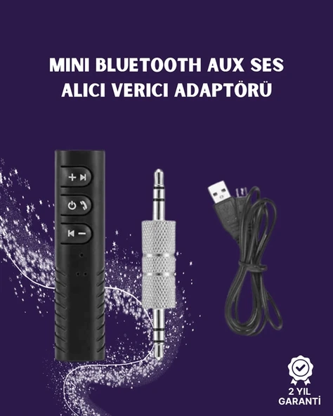 Bluetooth AUX Adaptör | 3.5mm Ses Girişi İçin Kablosuz Dönüştürücü, 10m Menzil - 1