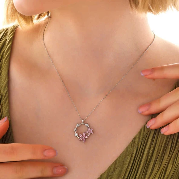 925 Ayar Gümüş Pembe Çiçek Kadın Kolye - Resim 2