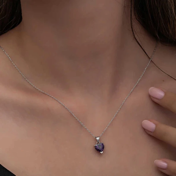 925 Ayar Gümüş Mor Taşlı Kalpli Kadın Kolye - Resim 3