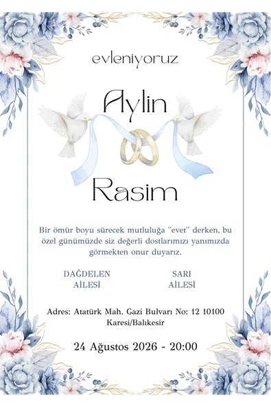 Kişiye Özel Davetiye - Düğün Davetiye - Nişan Davetiye - Nikah Davetiye ( Zarflı ) ( 50 Adet ) MDL 8 - 1