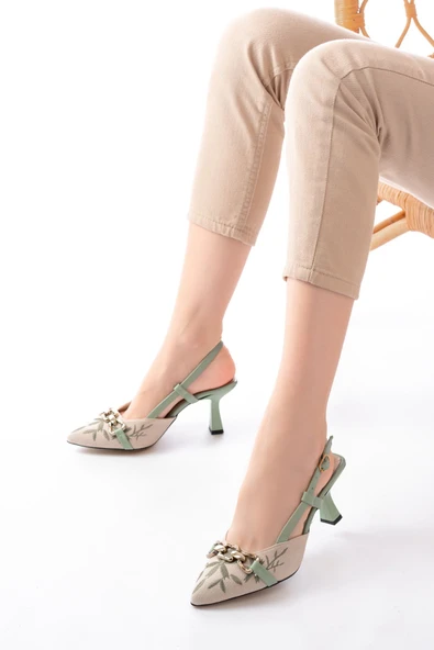 K-250 Fıstık Yeşili Keten Günlük Arkası Açık Tokalı Topuklu Kadın Ayakkabı ürün görseli