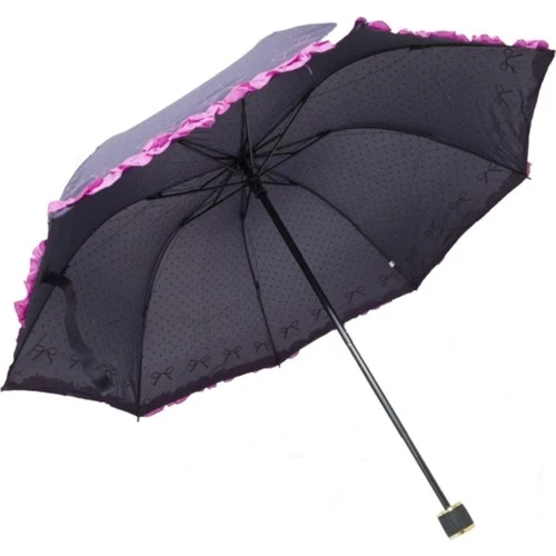 Marlux Kenarı Renkli Fırfır ve Fiyonk Detaylı Mavi Kadın Şemsiye - Resim 5