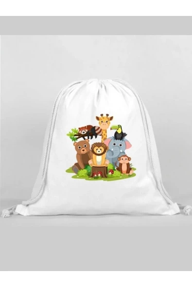 Hayvanlar Baskılı Sırt Çantası - İp Büzgülü Spor Çanta ürün görseli