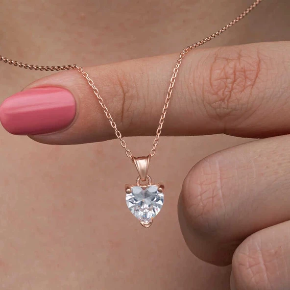 925 Ayar Gümüş Rose Beyaz Taşlı Kalpli Kadın Kolye ürün görseli 1