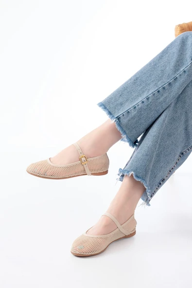 6325 Bej Fileli Baret Toka Detaylı Günlük Kadın Babet ürün görseli