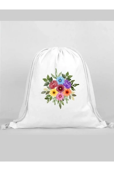 Çiçek Baskılı Sırt Çantası - İp Büzgülü Spor Çanta