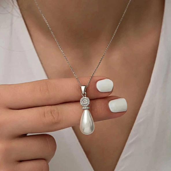 925 Ayar Gümüş Damla İnci Kadın Kolye ürün görseli 1