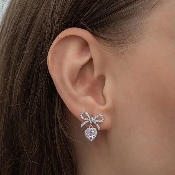 Gümüş Fiyonk Pembe Taşlı Kalpli Çivili Kadın Küpe - Resim 5