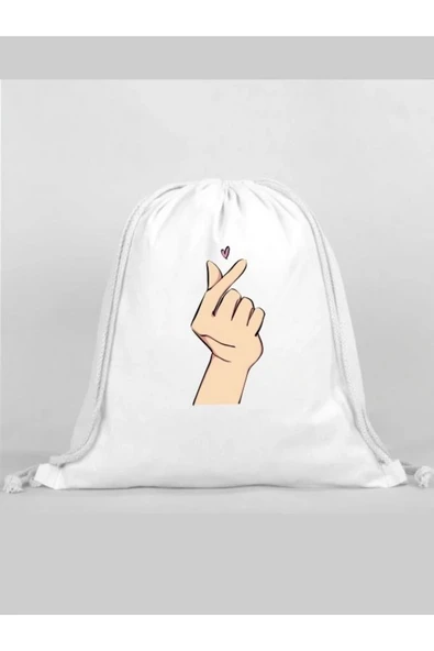 Ufak Kalp Baskılı Sırt Çantası - İp Büzgülü Spor Çanta ürün görseli